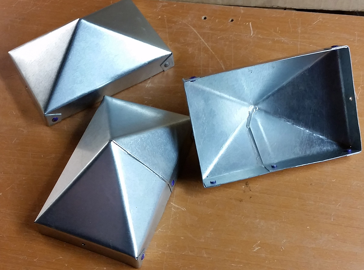 hand patterned, cut and bent galvanized sheetmetal fir post caps